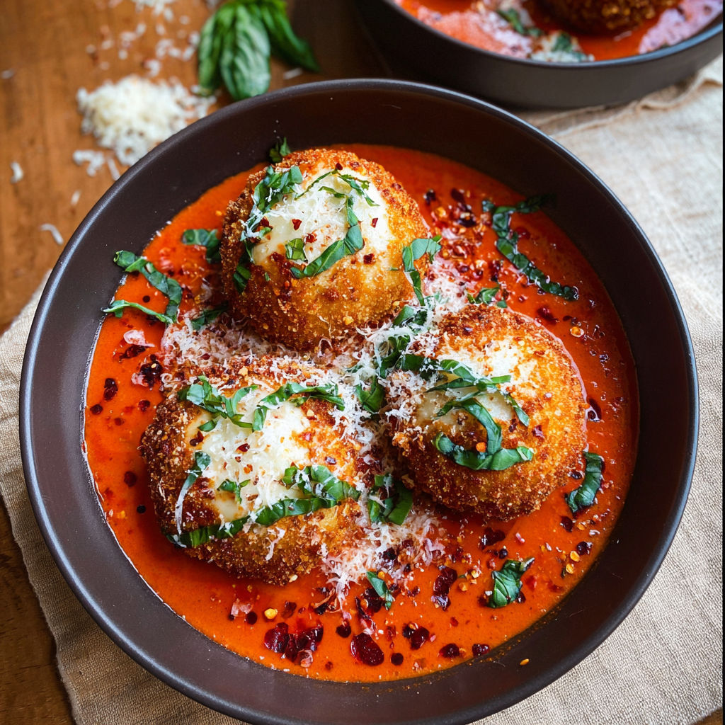 A bowl of food with a fried crispy burrata.