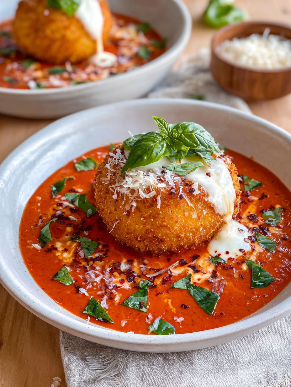 A plate of food with a fried crispy burrata.