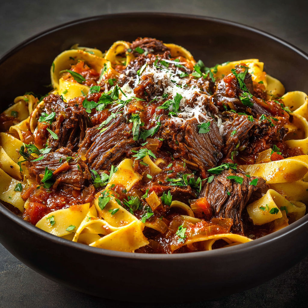 A bowl of short ribs in a red sauce.