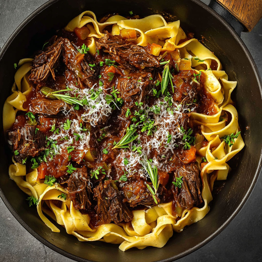 A bowl of short ribs in a tomato sauce.