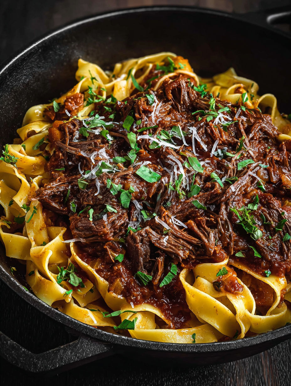 A bowl of short ribs in a red sauce.