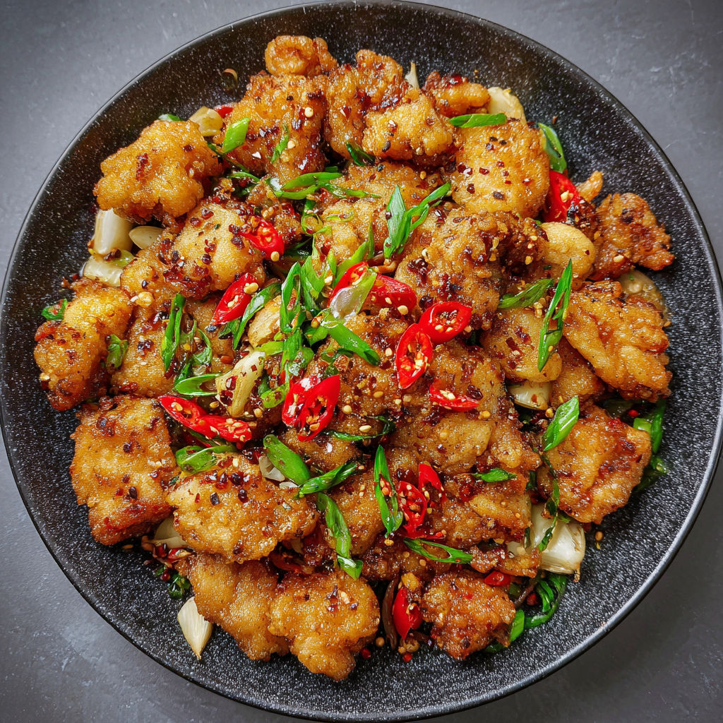 A plate of crispy chicken with peppers and onions.
