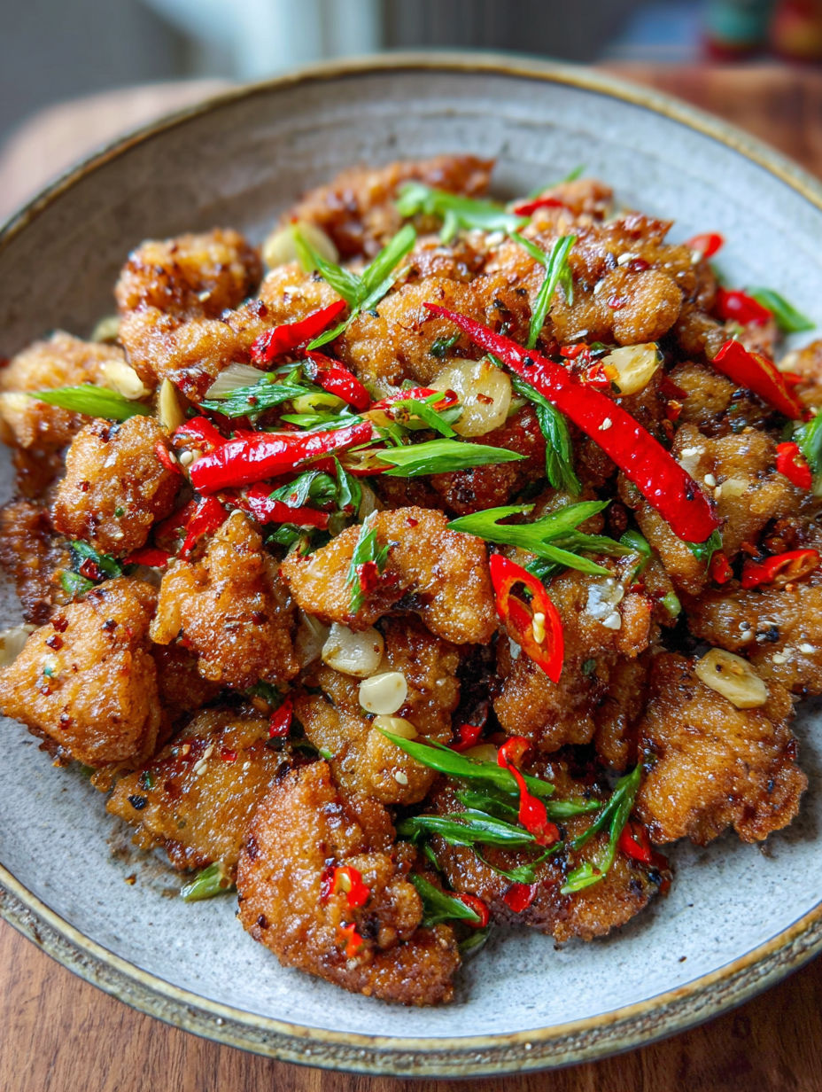 A plate of salt and pepper crispy chicken.