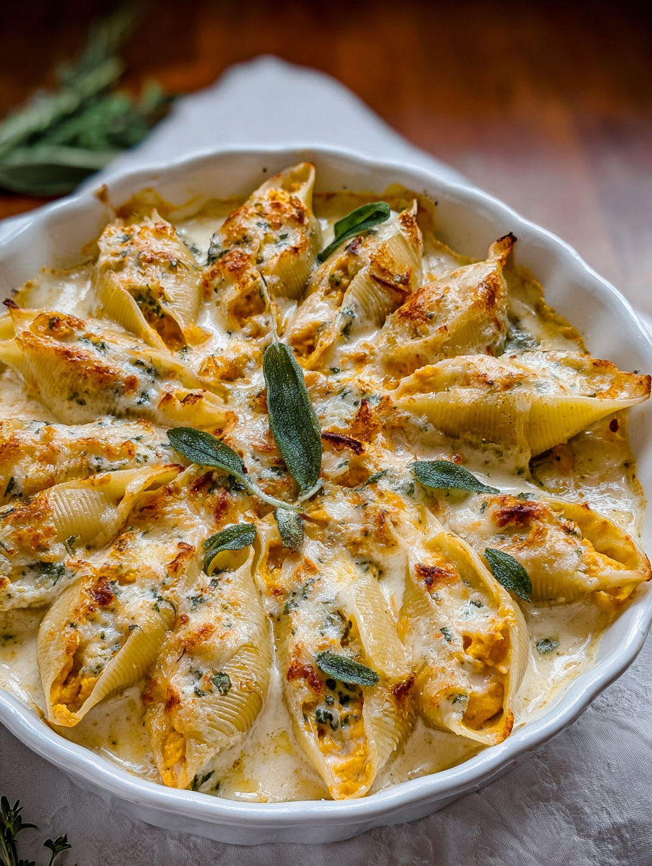 A dish of pumpkin and gouda stuffed shells with brown butter and sage alfredo sauce.