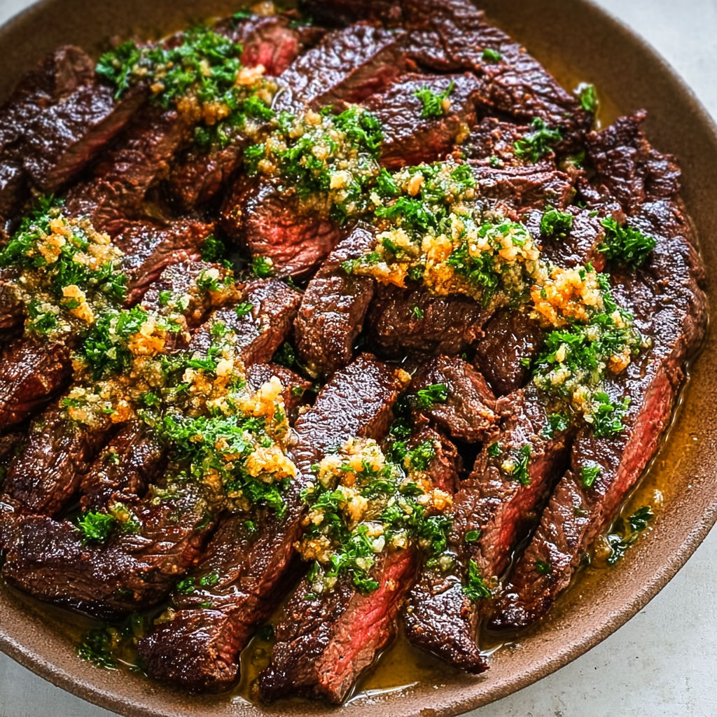 A plate of meat with garlic butter and herbs.