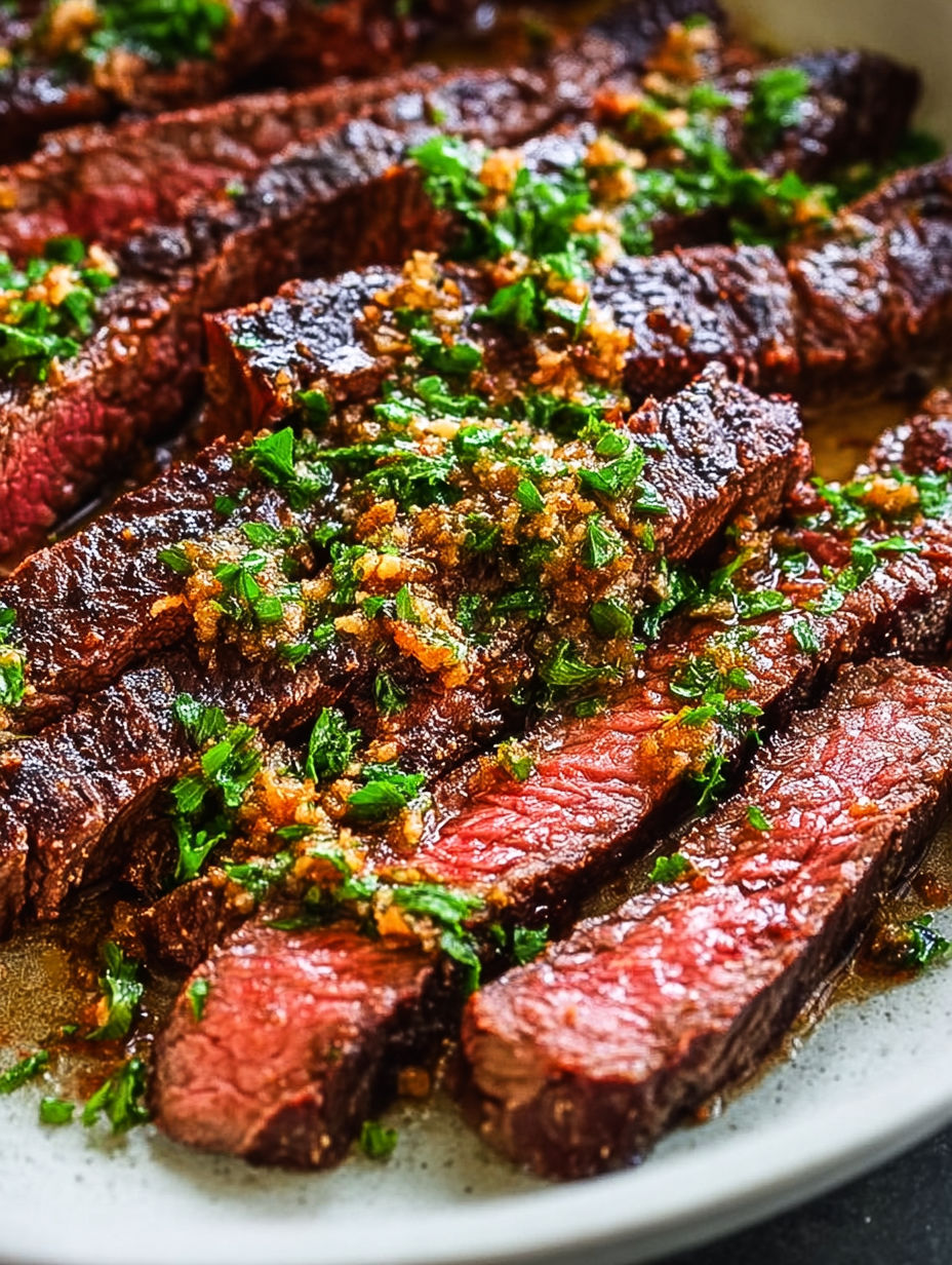 A plate of meat with garlic butter and herbs.