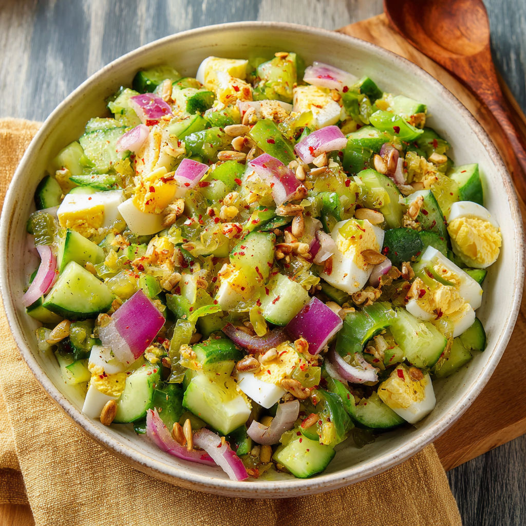 A bowl of salad with cucumbers, onions, eggs, and peppers.