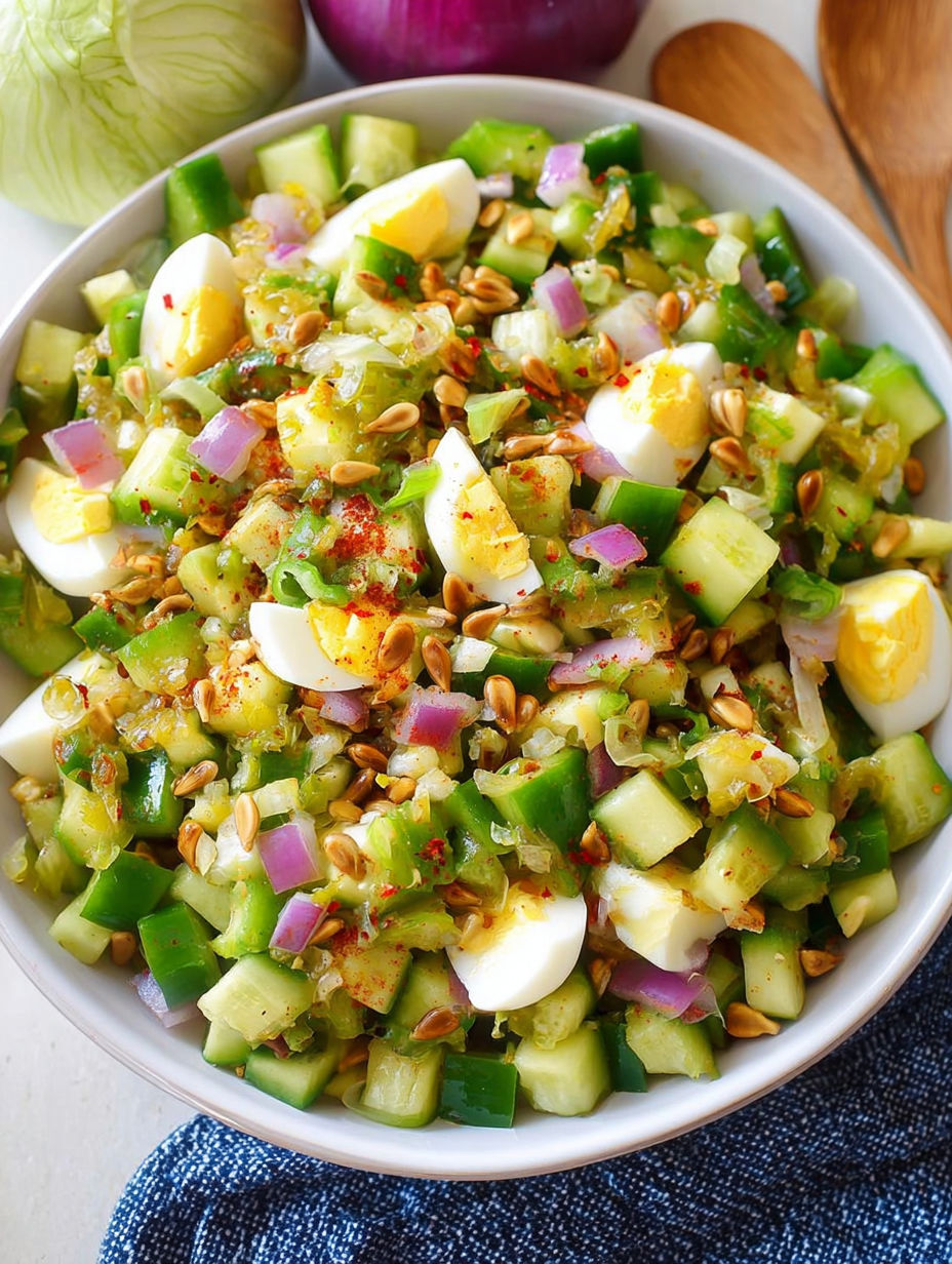 A bowl of salad with eggs, cucumbers, and peppers.