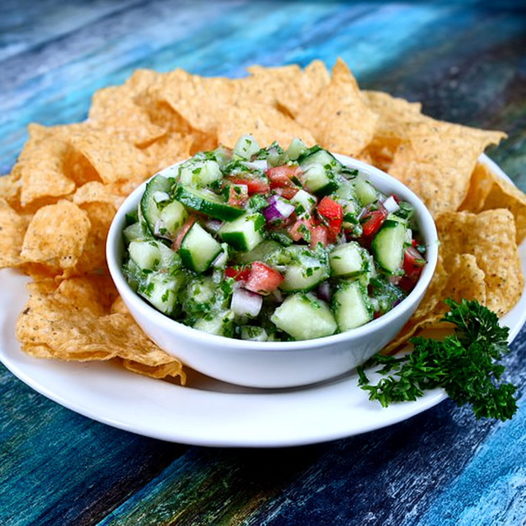 A bowl of crisp cucumber salsa with chips.