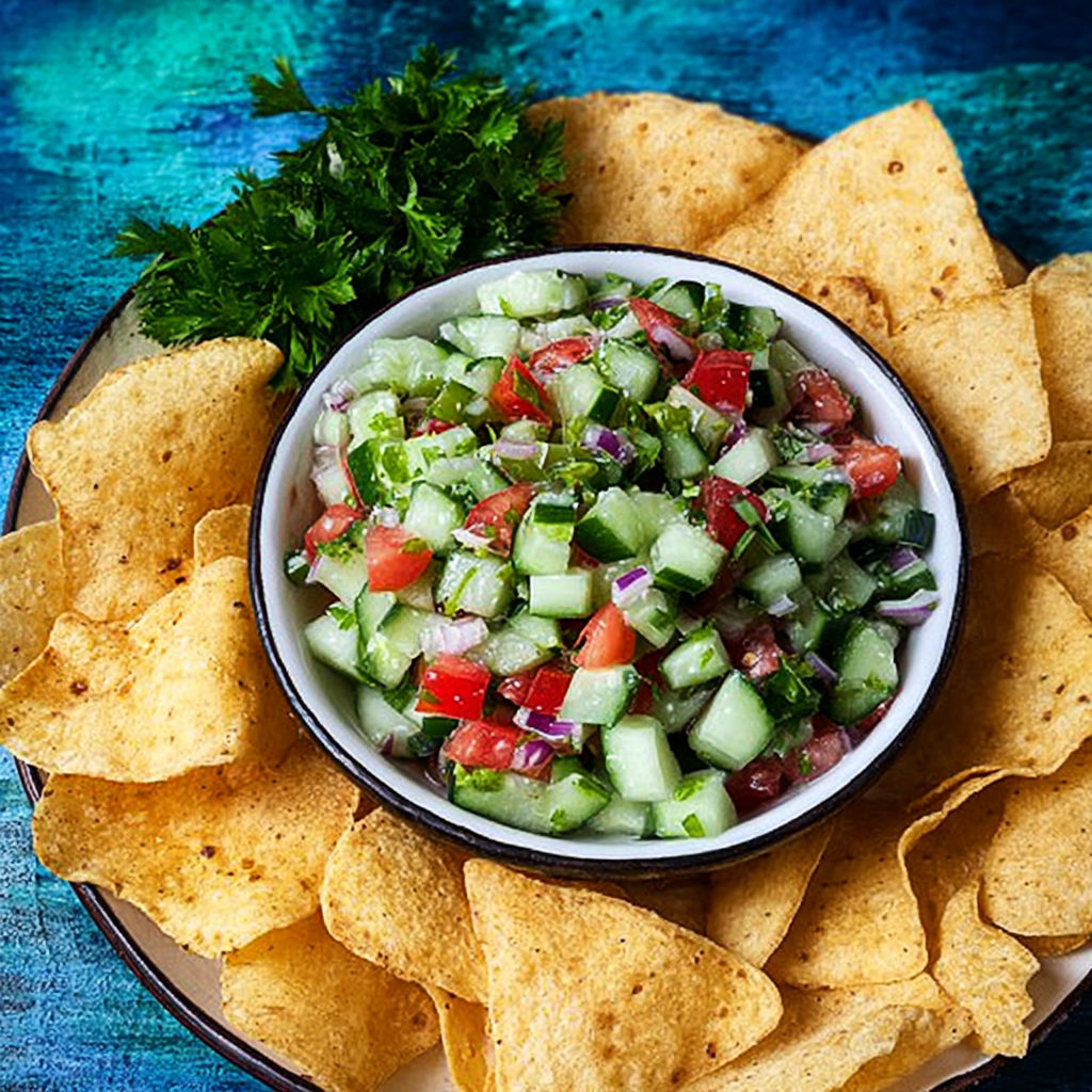 A bowl of crisp cucumber salsa.