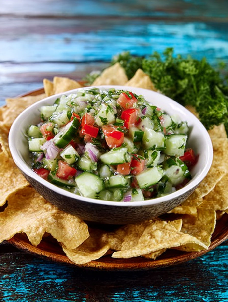 A bowl of crisp cucumber salsa.