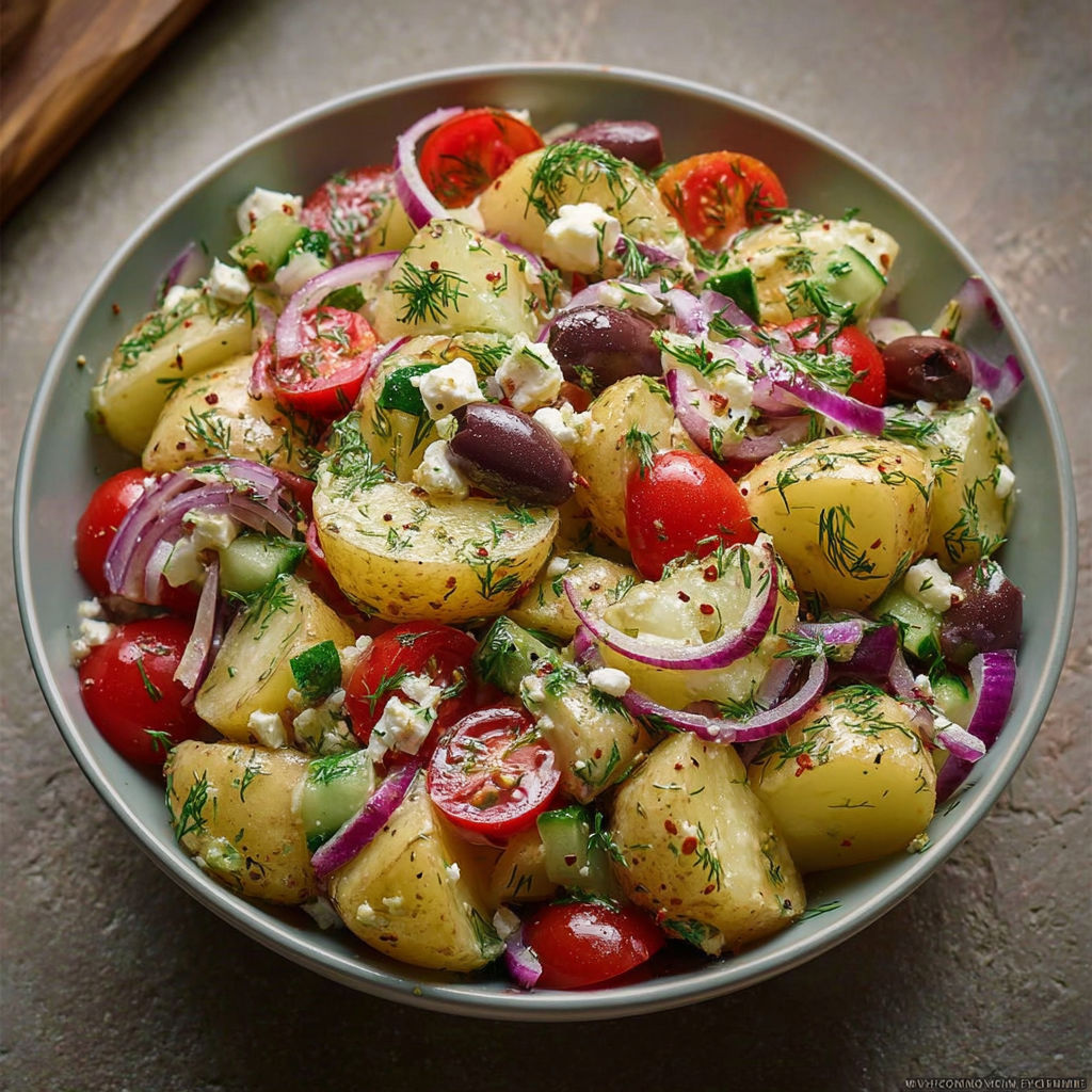 A bowl of Greek potato salad.