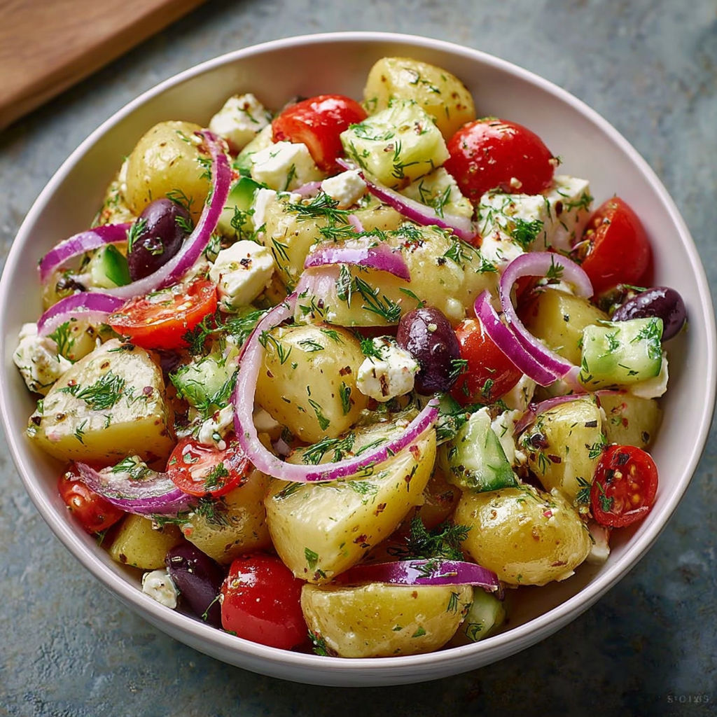 A white bowl filled with a Greek potato salad.