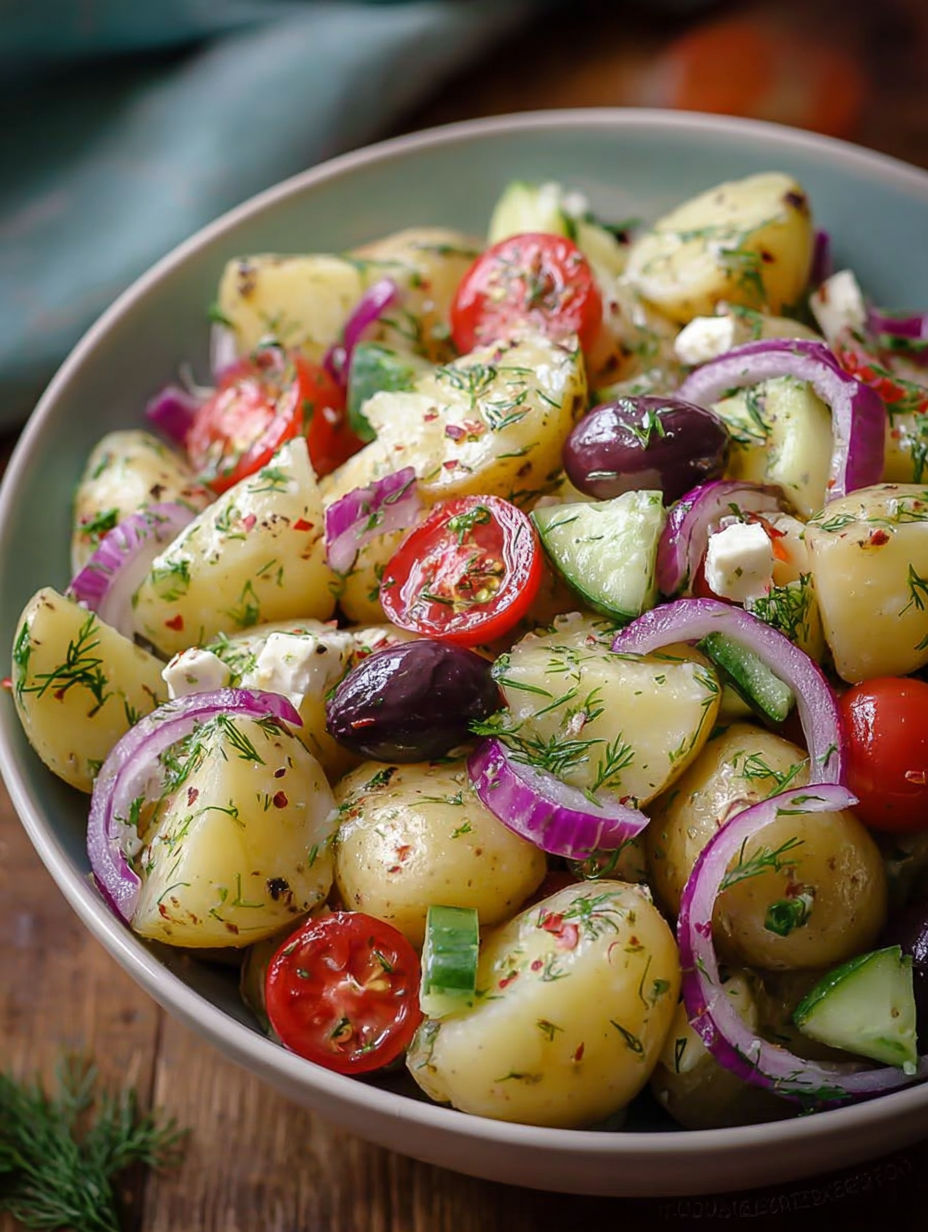 A bowl of Greek potato salad.