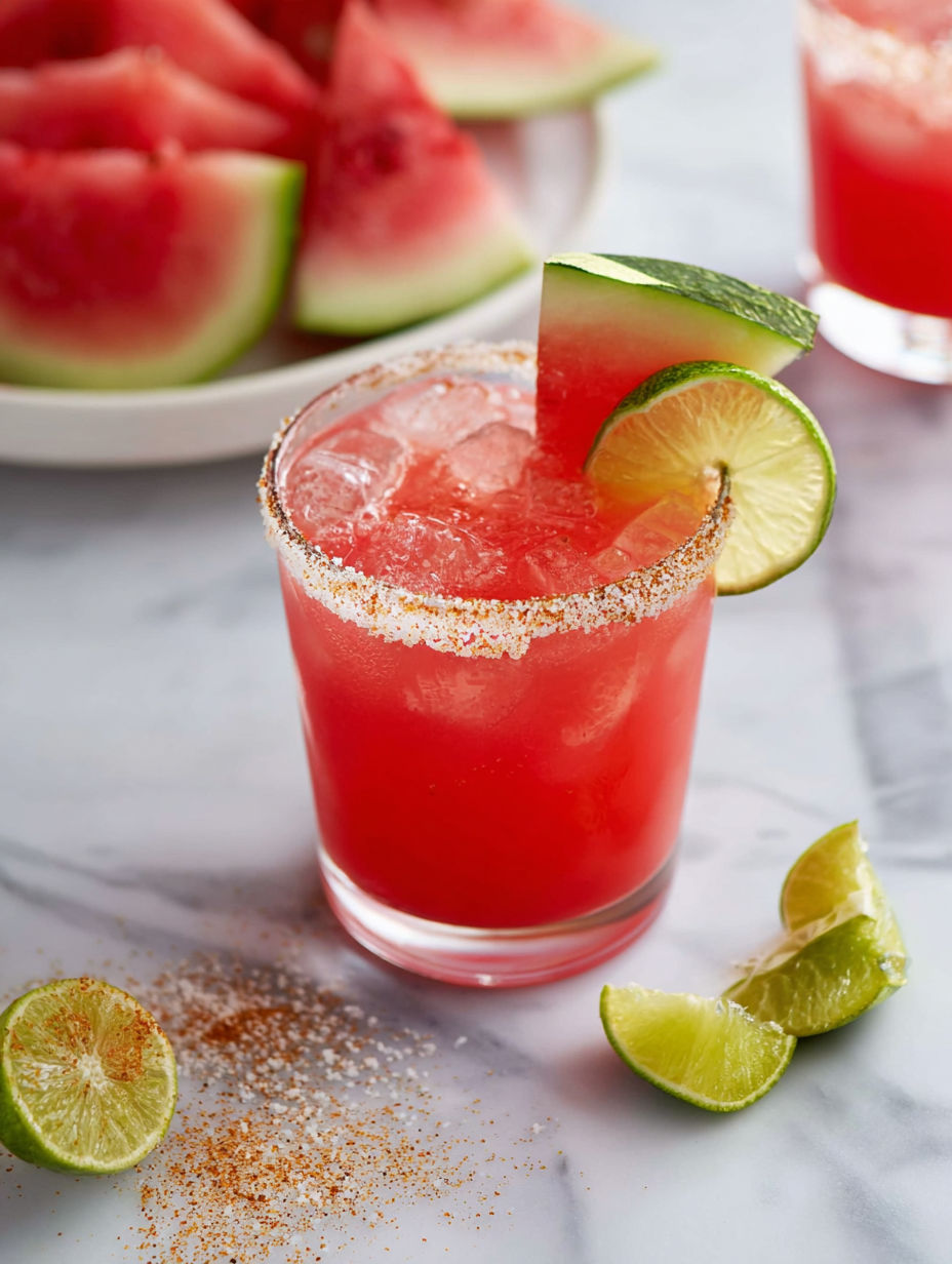 A glass of watermelon margarita with a slice of watermelon on the rim.
