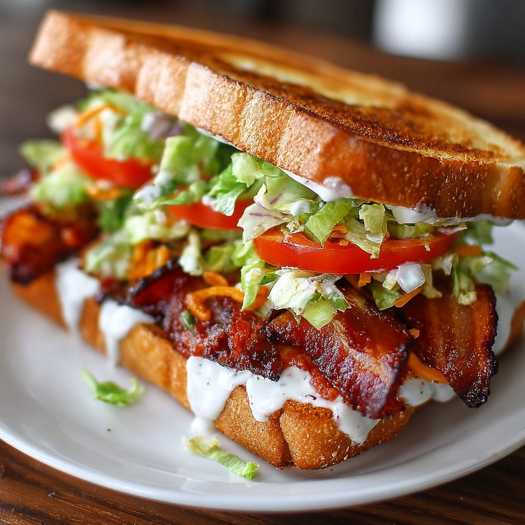 A BBQ Bacon Ranch BLT sandwich on a white plate.