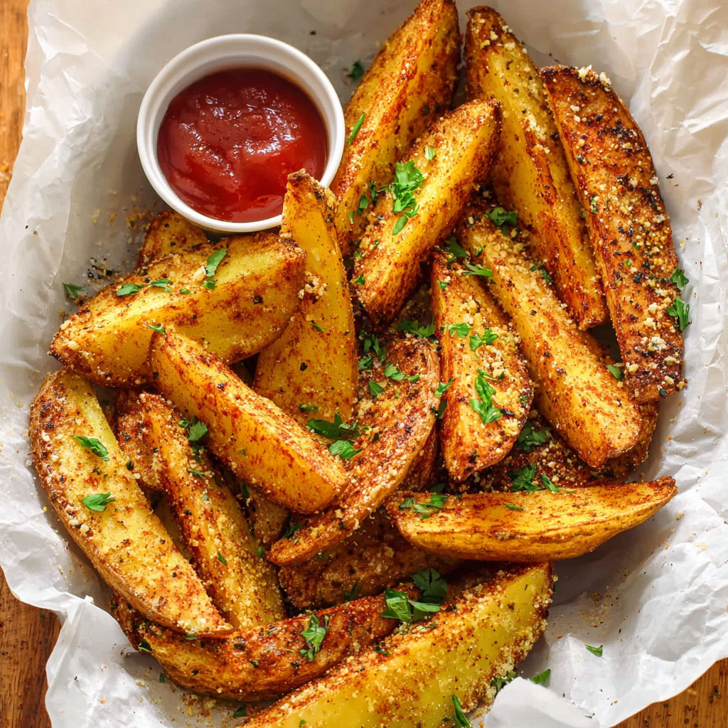 A plate of seasoned baked potato wedges.