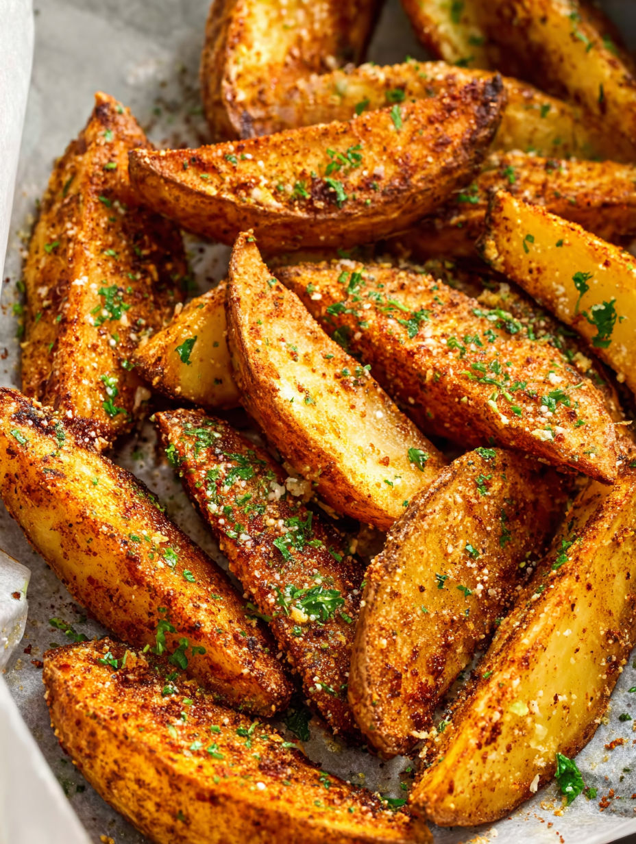Seasoned baked potato wedges on a plate.