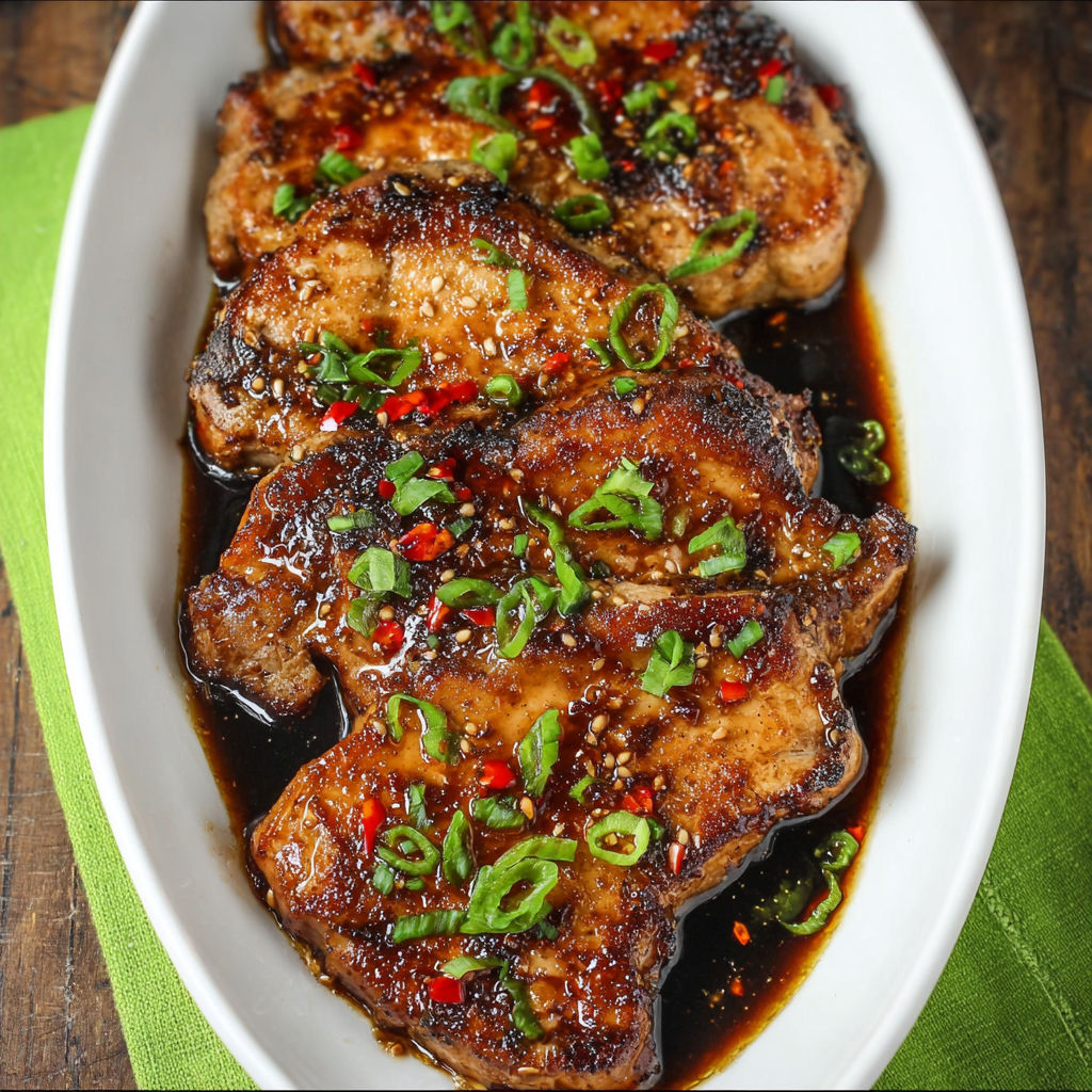A plate of Korean pork chops with sauce.