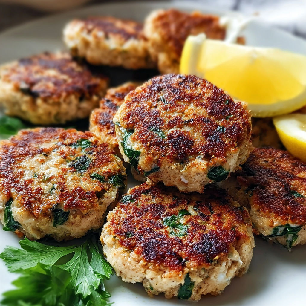 A plate of chicken patties with lemon wedges on the side.
