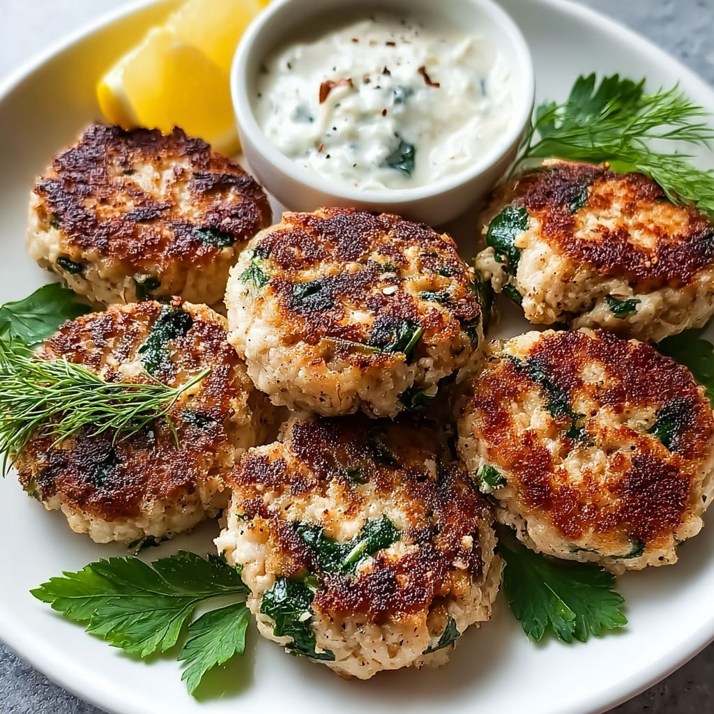 A plate of chicken patties with a side of sauce.