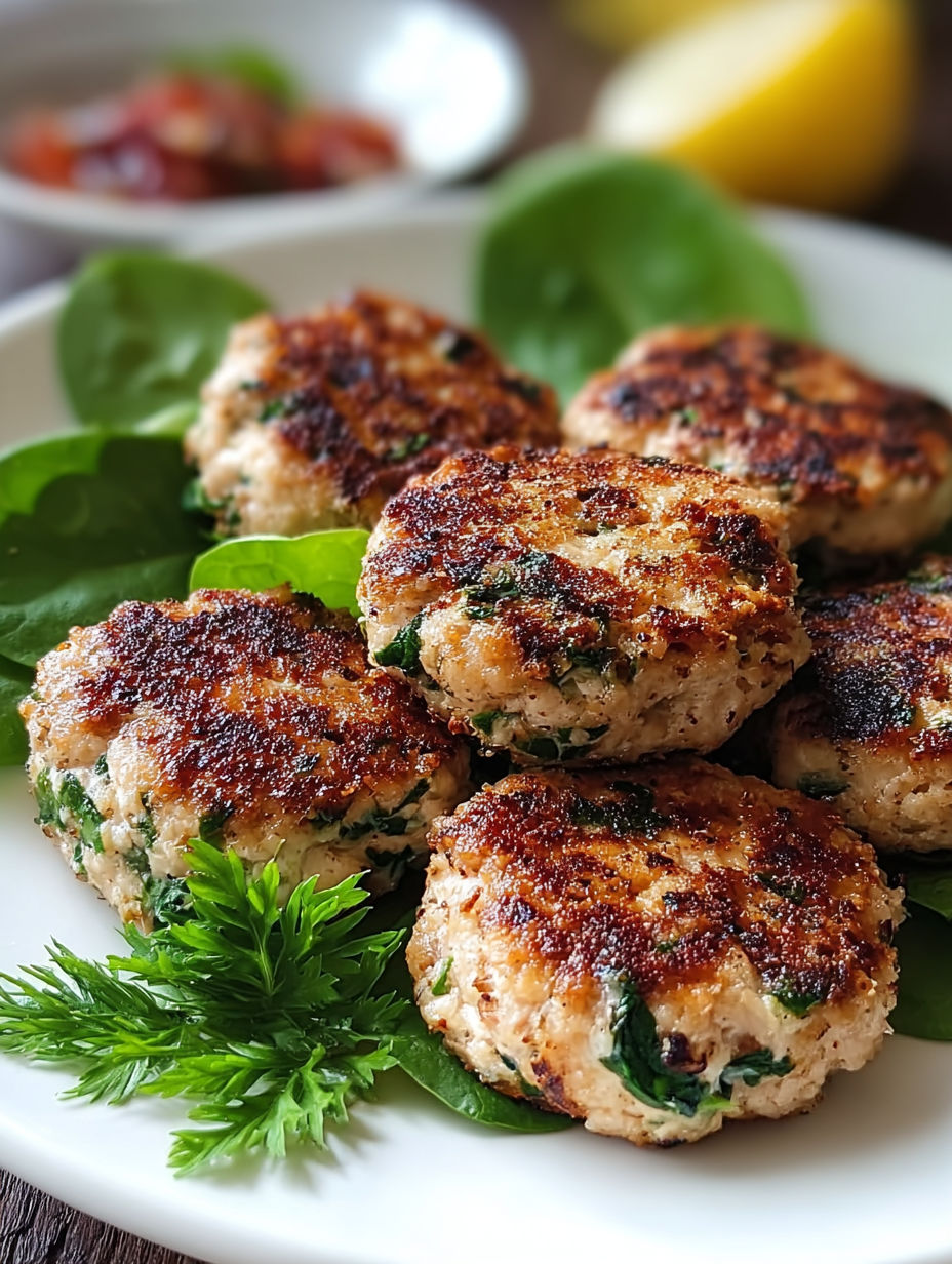 A plate of chicken patties with greens on top.