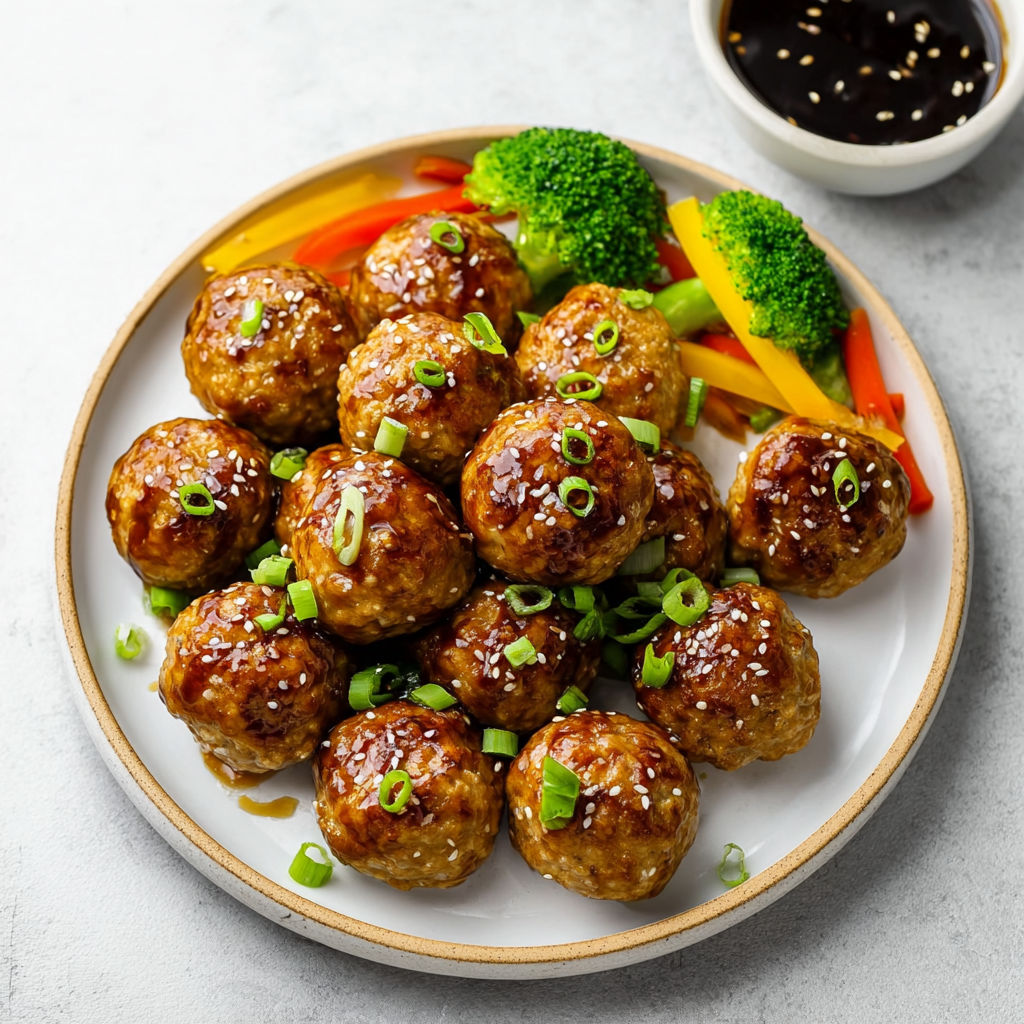 A plate of meatballs with vegetables.
