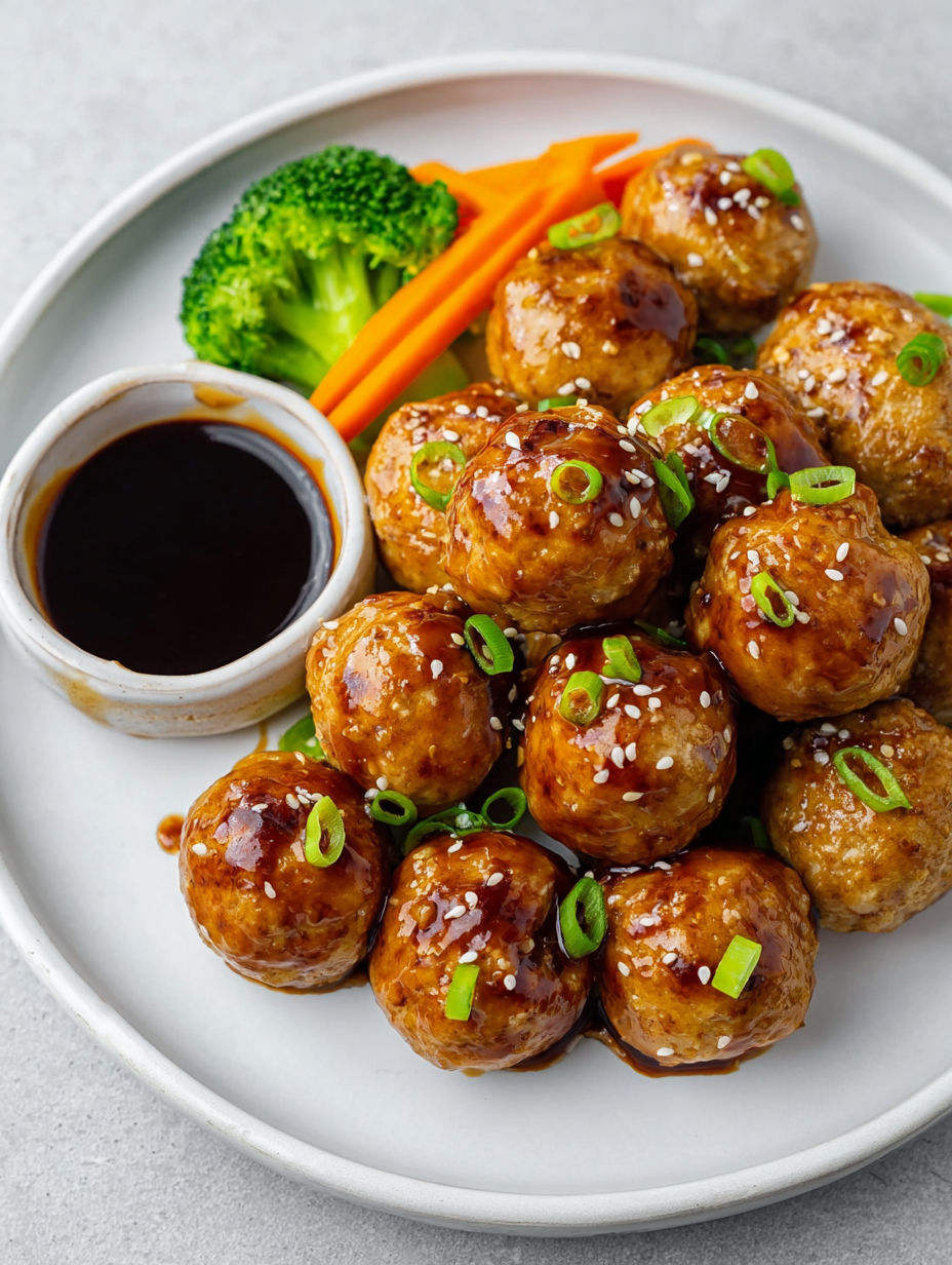 A plate of meatballs with a dipping sauce.