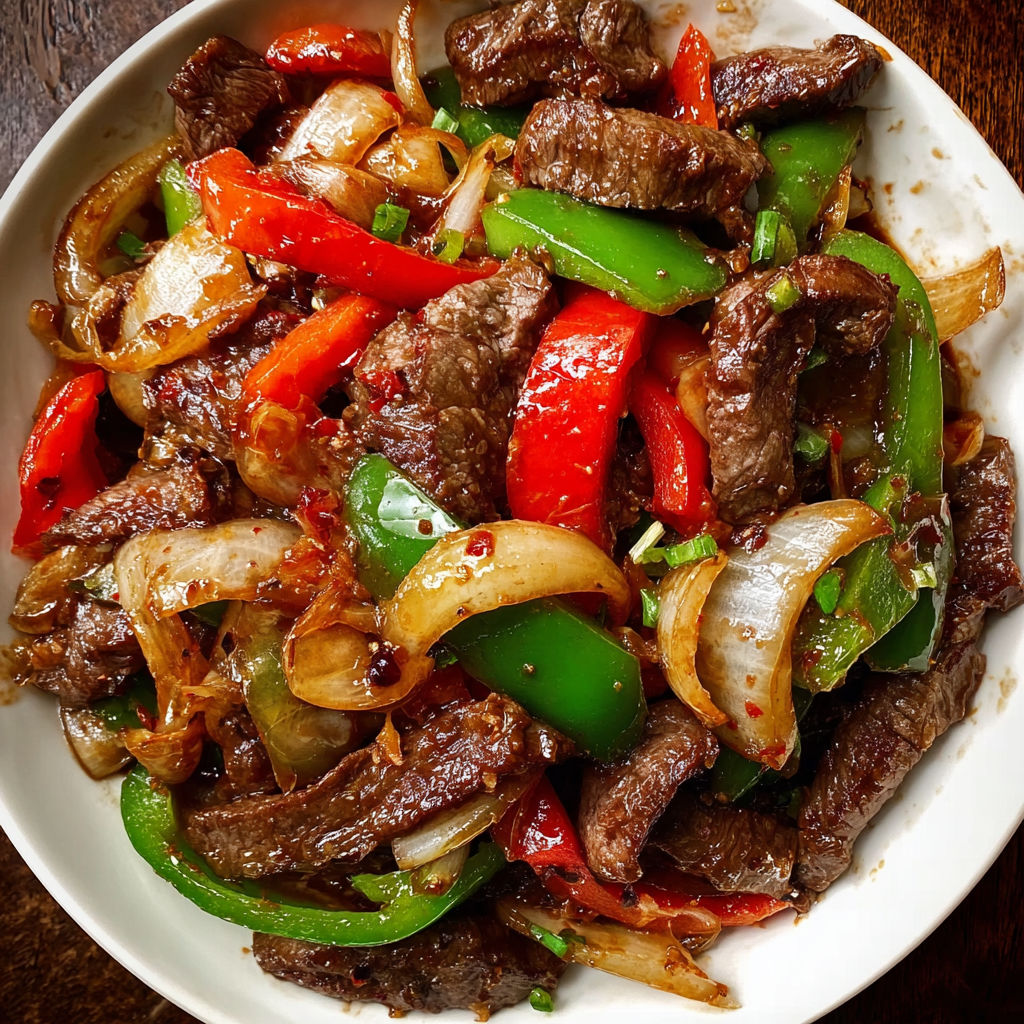 A plate of beef with peppers and onions.