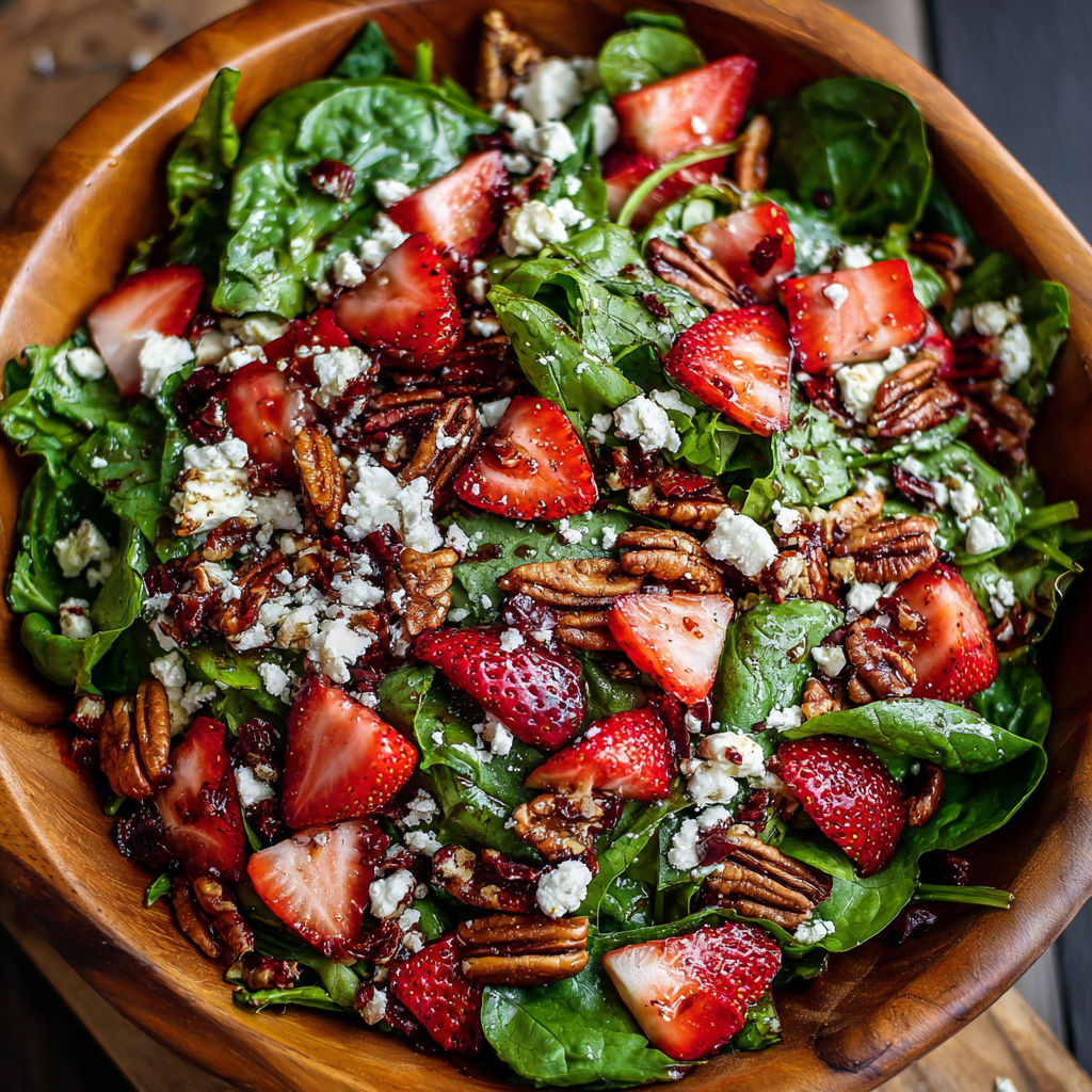 A bowl of salad with strawberries and pecans.