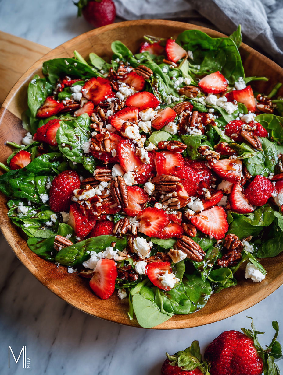 A bowl of salad with strawberries, spinach, and pecans.