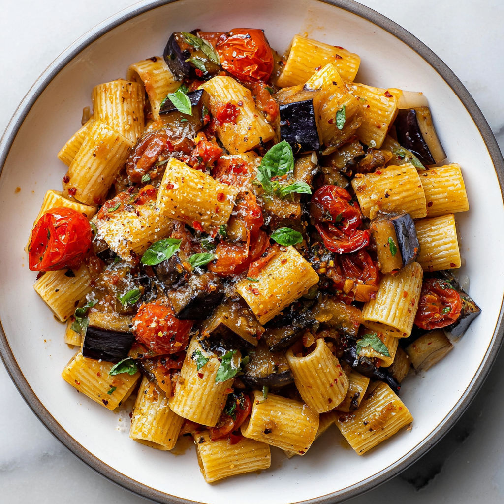 A bowl of pasta with eggplant and fresh tomato.