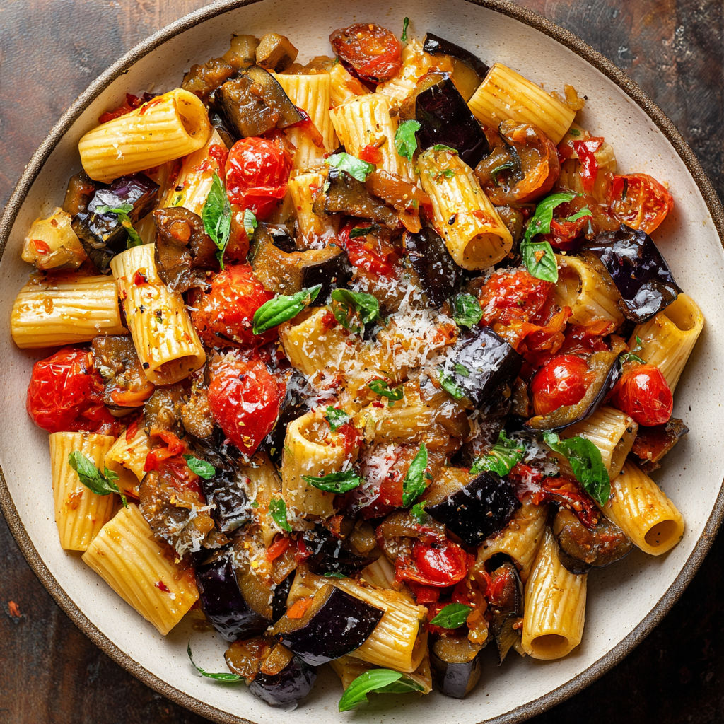 A bowl of pasta with eggplant and tomatoes.