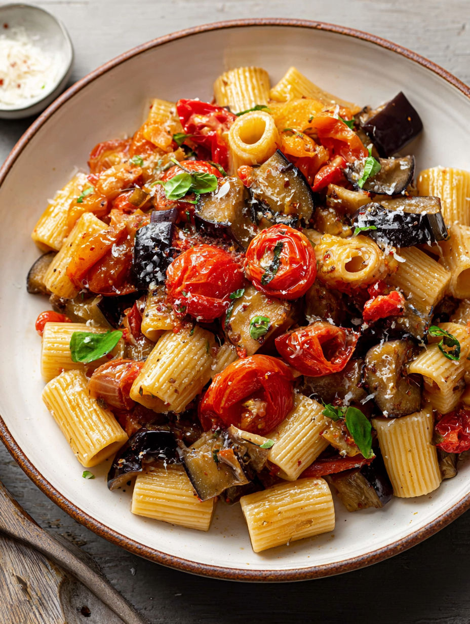 A plate of pasta with eggplant and tomatoes.