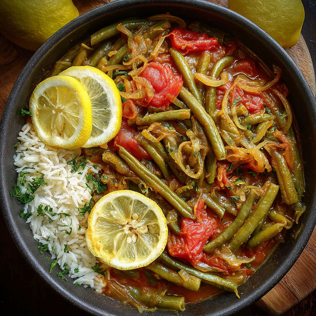 A bowl of vegan Lebanese green bean stew with lemon wedges on top.