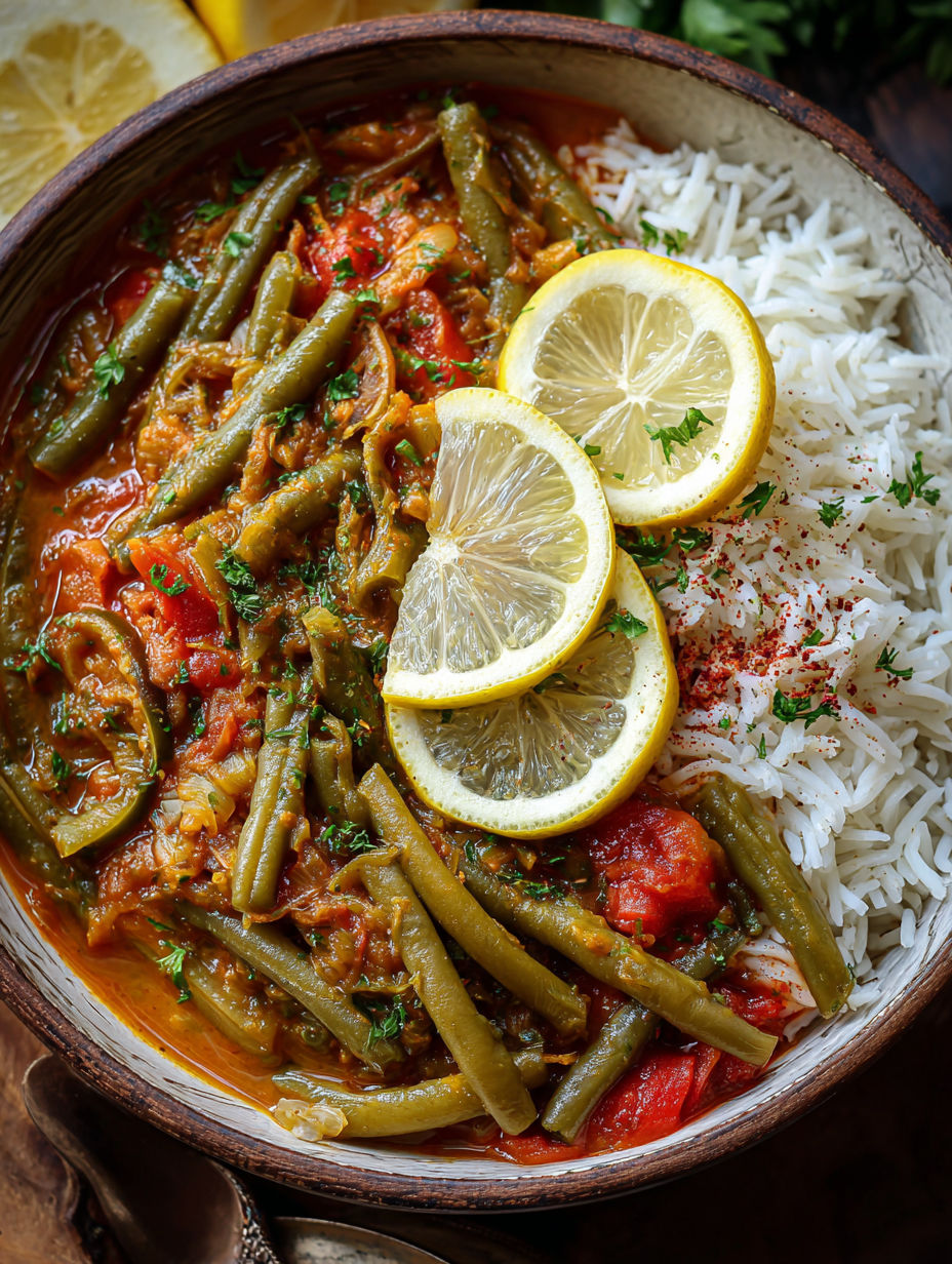 A bowl of green beans and rice.