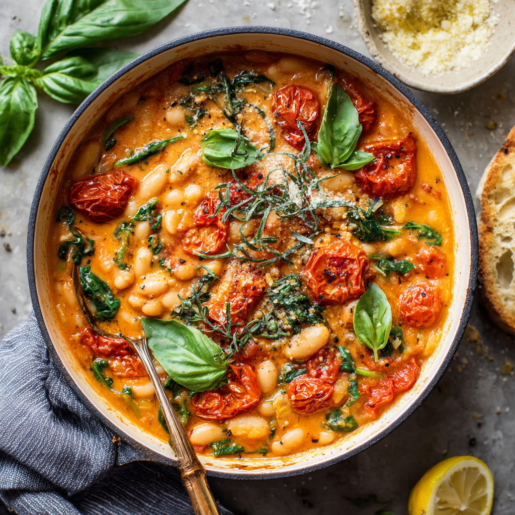 A bowl of creamy tomato white bean stew.
