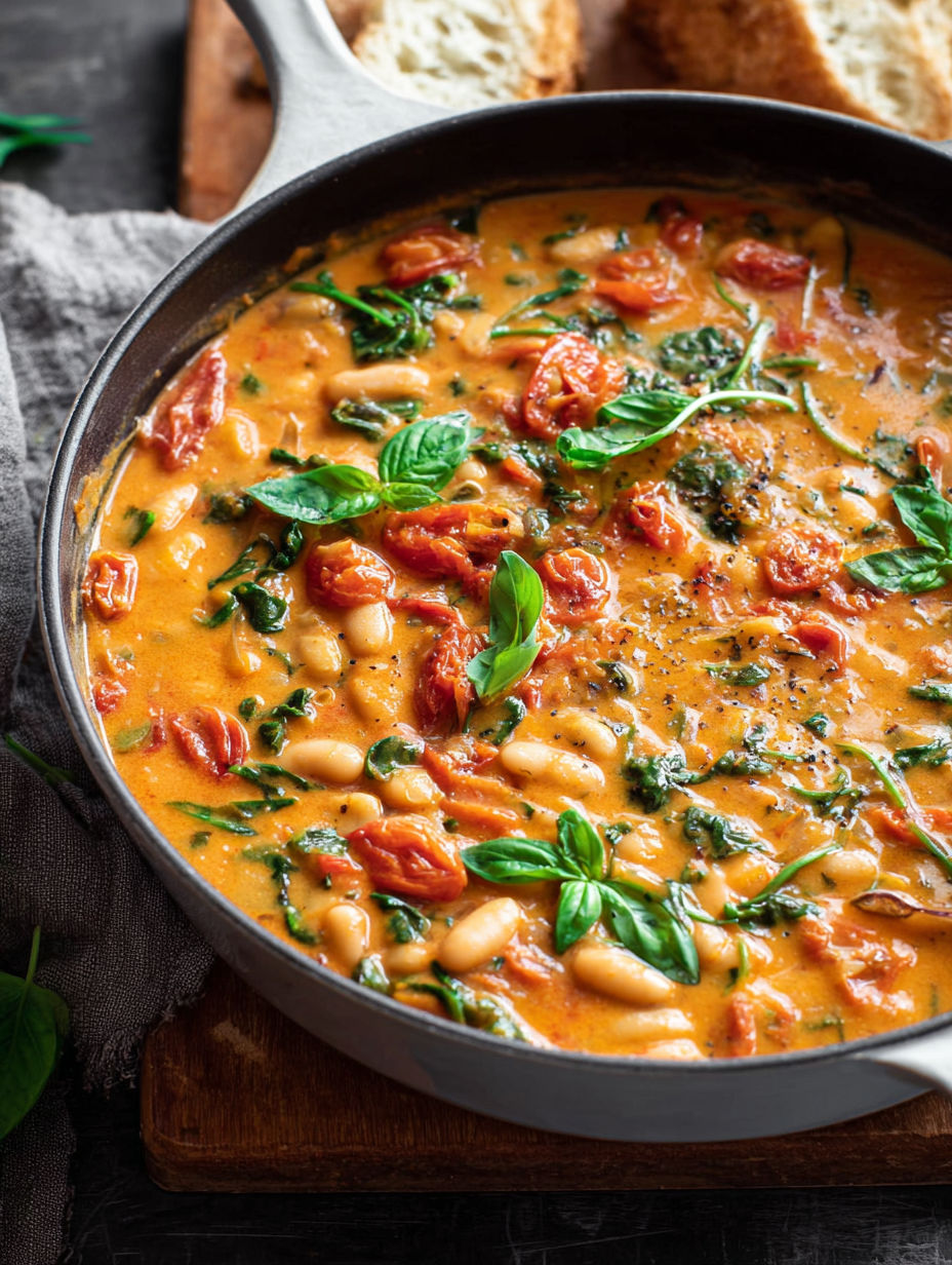 A bowl of creamy tomato white bean stew.