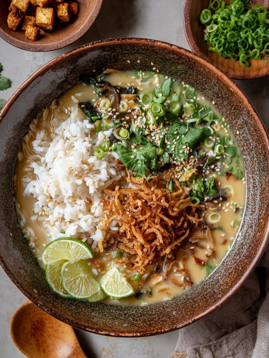 A bowl of soup with rice, vegetables, and sesame tofu.