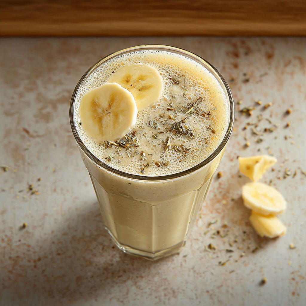 A glass of banana chamomile tea smoothie.