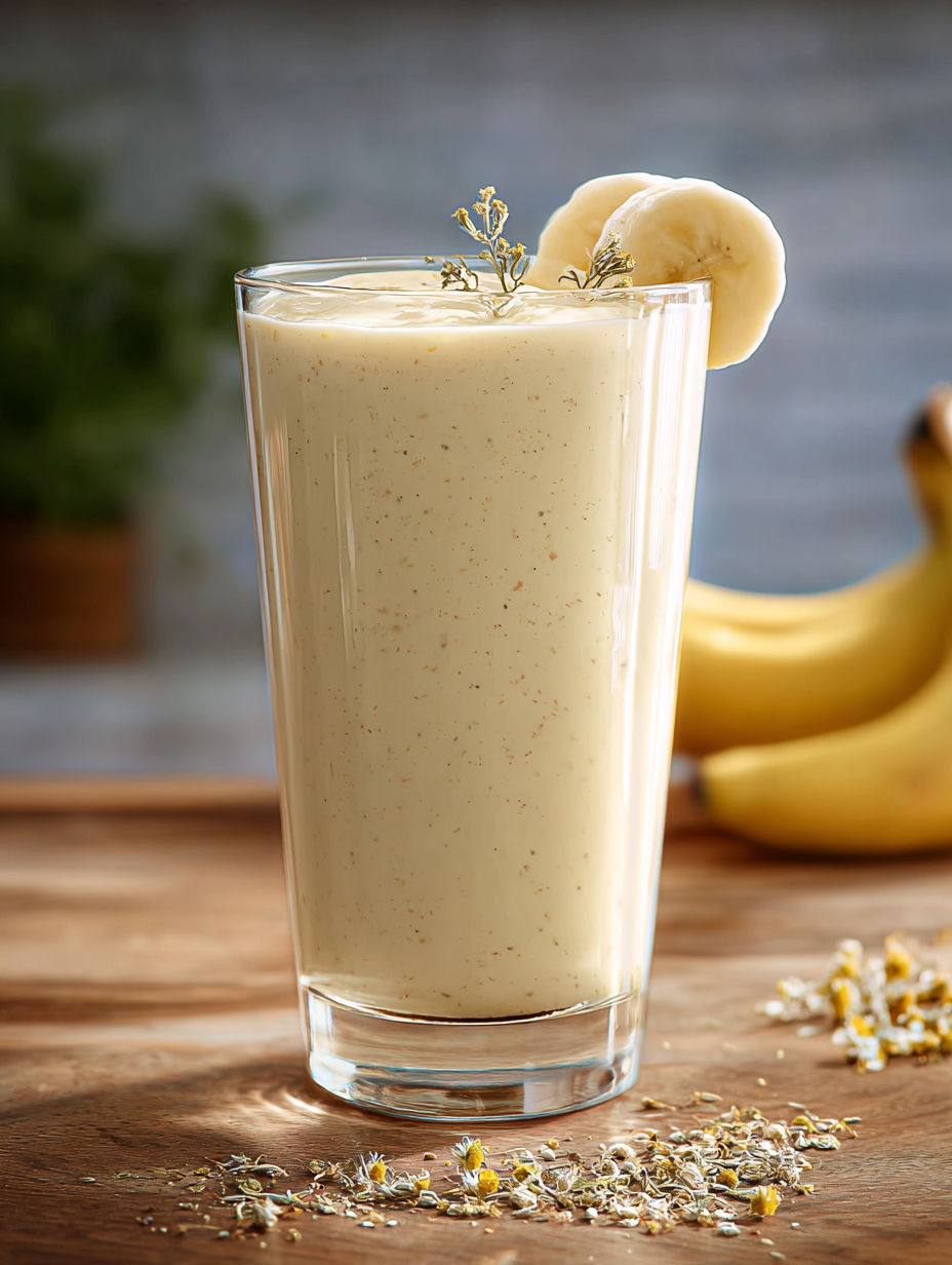 A glass of banana chamomile tea smoothie.