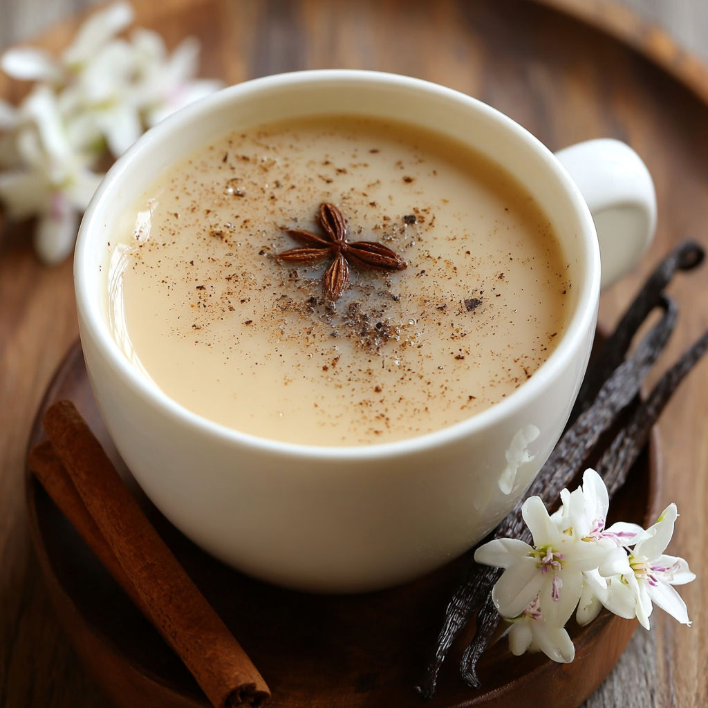 A cup of Vanilla Jasmine Milk Tea with a cinnamon stick on top.