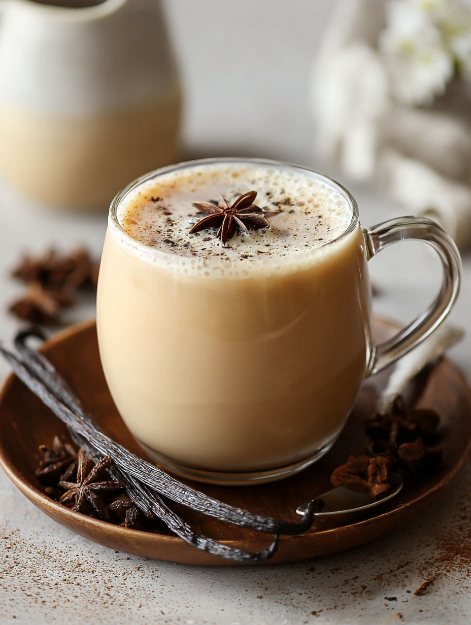 A cup of Vanilla Jasmine Milk Tea with a spoon in it.
