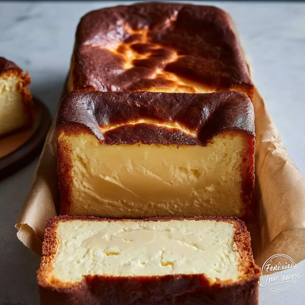 A slice of burnt Basque cheesecake in a loaf pan.