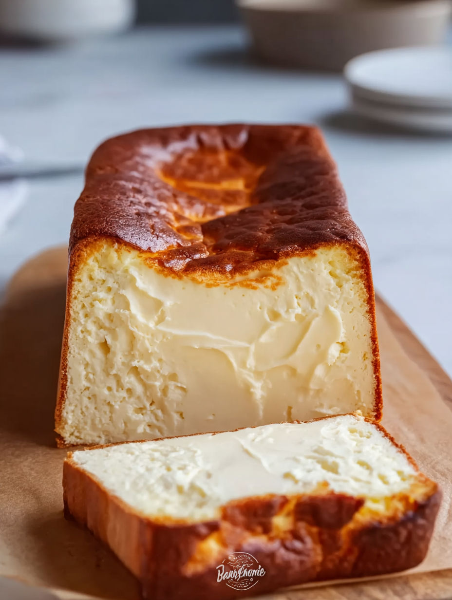 A slice of burnt Basque cheesecake in a loaf pan.