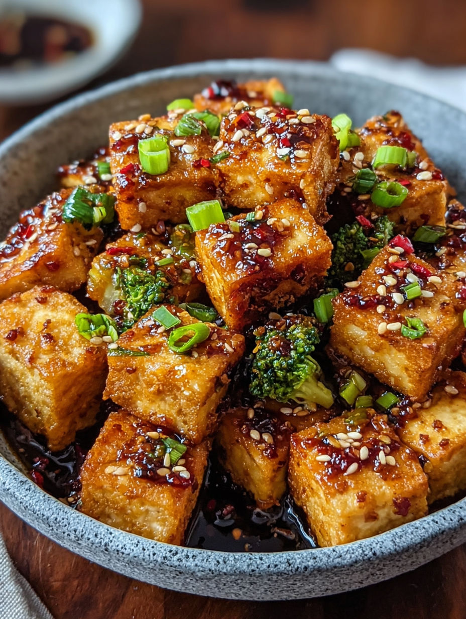 A bowl of crispy honey garlic tofu.
