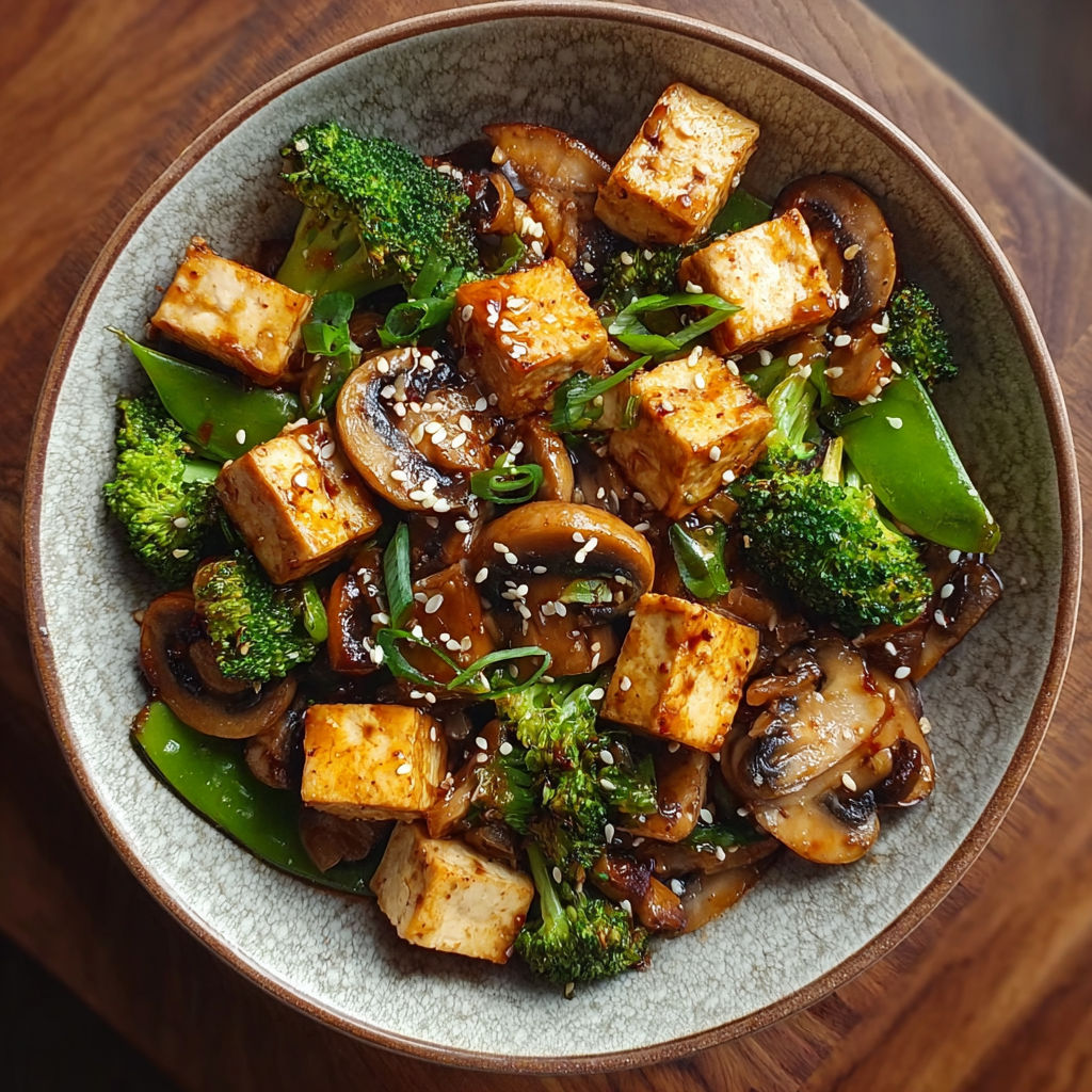 A bowl of mushroom and tofu stir-fry.