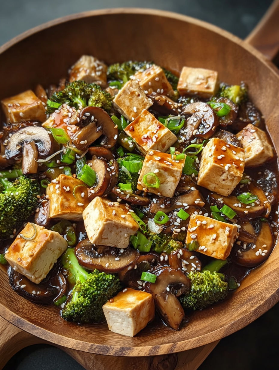 A bowl of stir-fry with mushrooms and tofu.