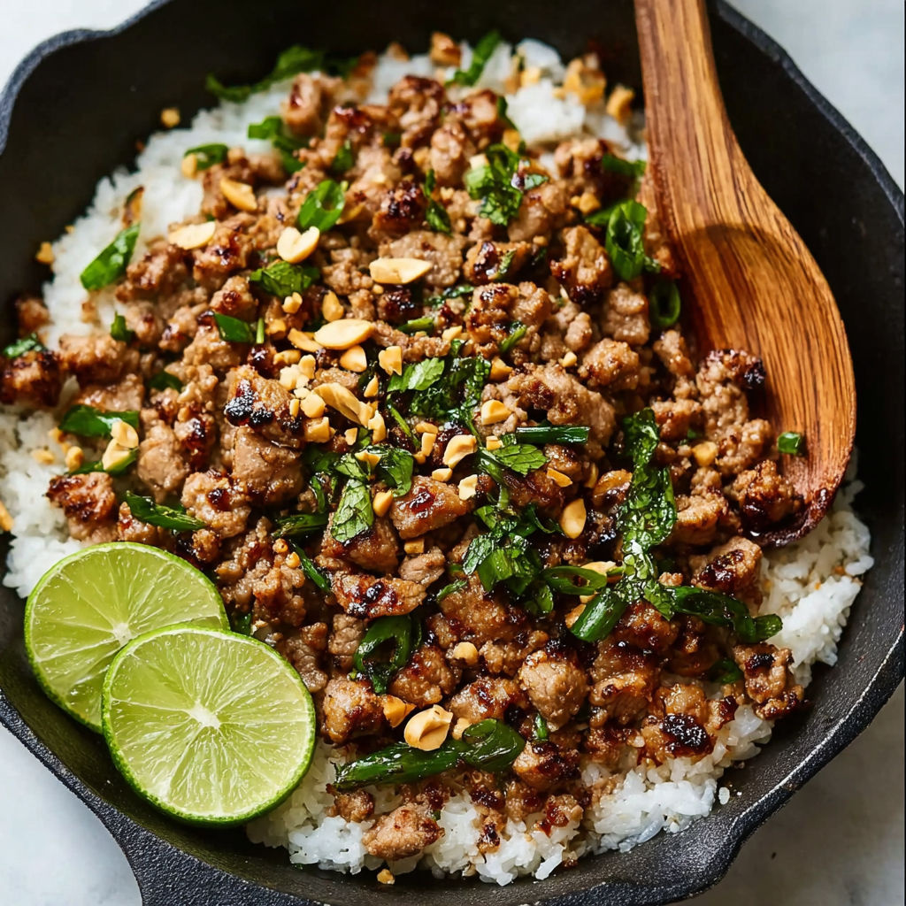 A bowl of meat and rice with a wooden spoon.