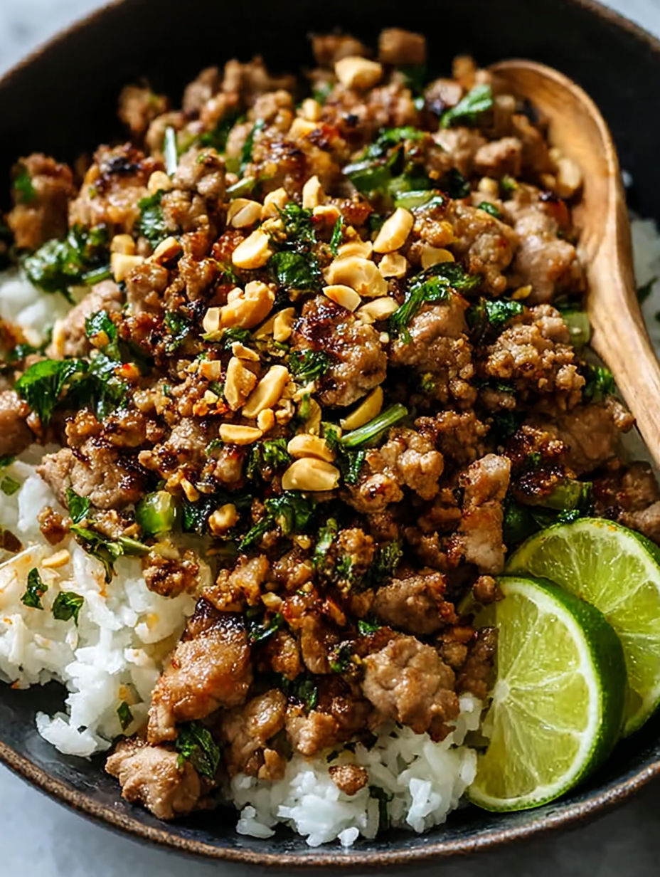 A plate of pork with ginger and lime, served with coconut rice.